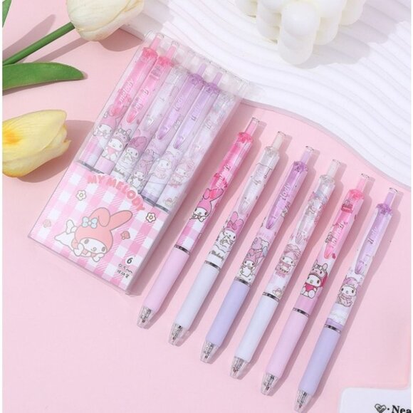 Hello Kitty & My Melody Gel Pen Set 6-Pack Black Ink Cute School Supplies - Picture 1 of 1